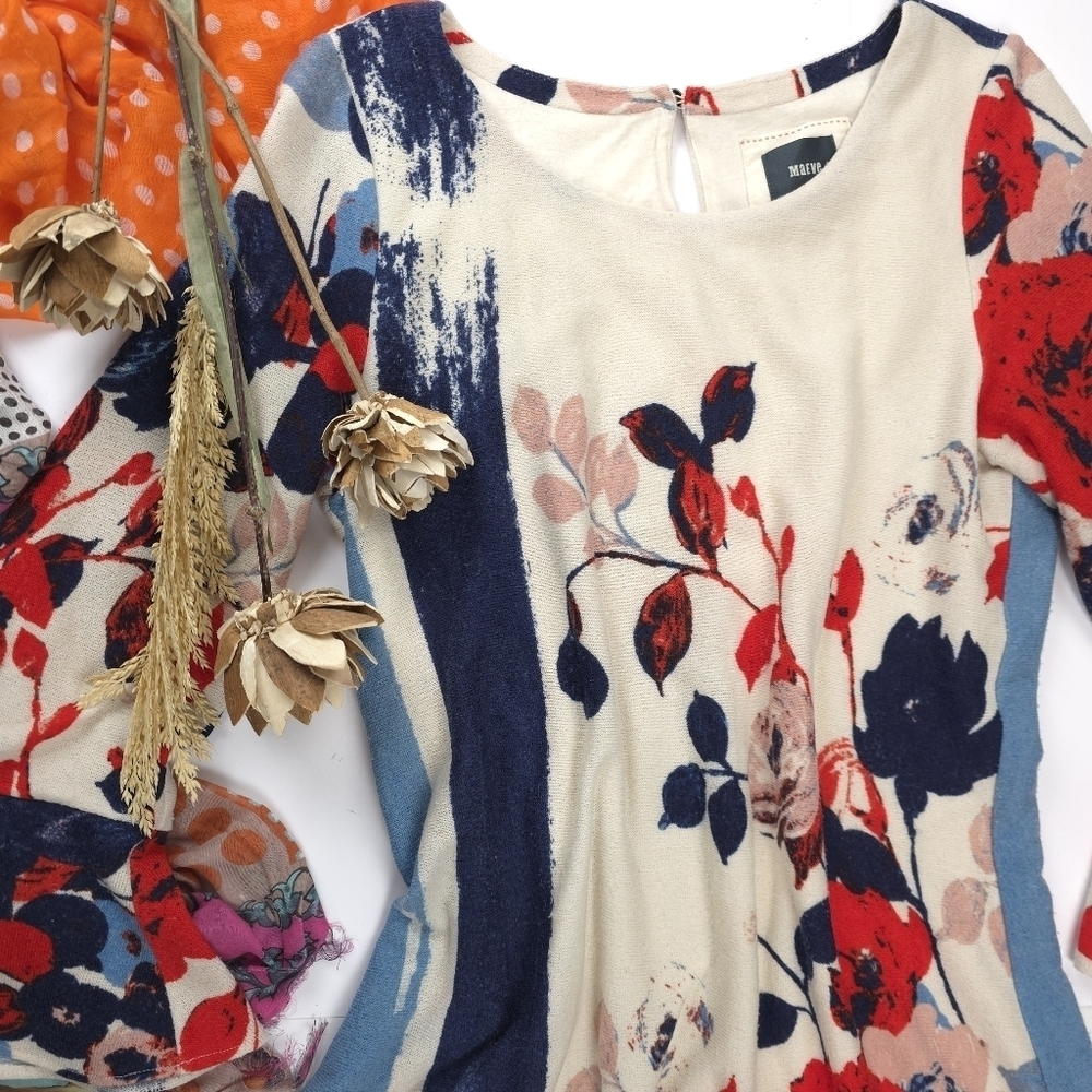 Maeve Anthropologie Blue Cream Floral Dress Sz L - Picture 2 of 13